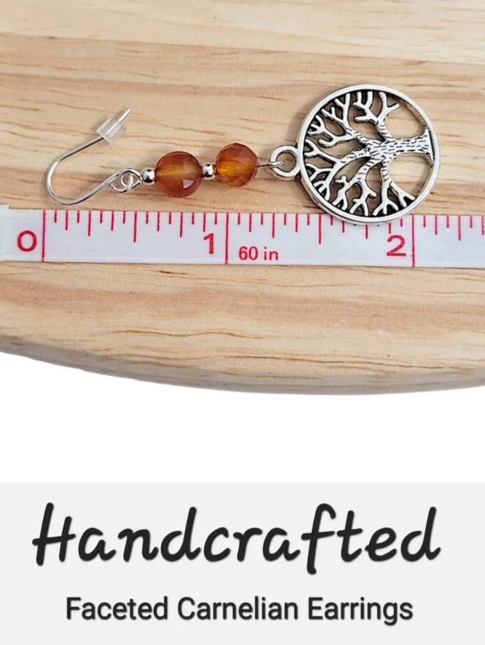 Hand Crafted Carnelian Dangle Earrings With The Tree Of Life - Picture 5 of 8